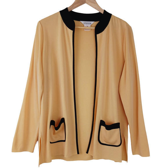 Exclusively Misook SZ M Open Front Cardigan Pockets Acorn Yellow-Black - Picture 2 of 6
